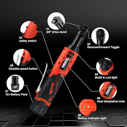 3/8" Cordless Electric Ratchet Wrench Set, 12V Power Ratchet Tool Kit With 2 Packs 2000 mAh Battery And Charger, 45 FT-LBS Battery Powered Wrench with Infinitely Variable Speeds - size: 12 V Standard New