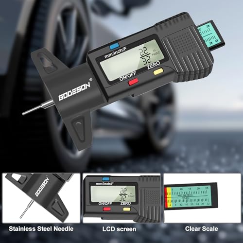 GODESON Digital Tire Tread Gauge,3 Modes: Fractional Inch, Decimal Inch, Millimeter -Color-Coded Bar-Accurate Tire Depth Gauge for Cars, Trucks, Vans, SUVs