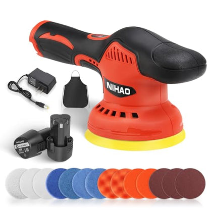 NIHAO - 5 Inch Cordless Car Buffer Polisher with 2PCS 12V 2000mAh Rechargeable Battery & Extra 15PCS Attachments, 8 Variable Speed Used for Car Detailing/Waxing