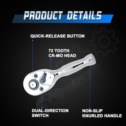 1/4 Inch Drive Stubby Ratchet Mini Ratchet Wrench,1/4 Socket Wrench, 72-Tooth Quick-Release，Reversible,Chrome Vanadium Alloy Steel for Durability - size: 1/4-inch Single, style: Stubby-Metal handle