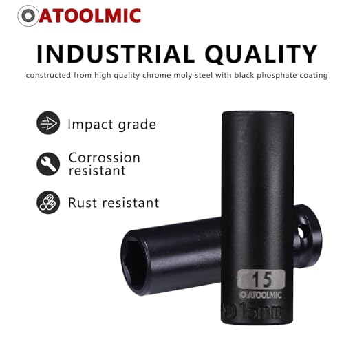 3/8 Inch Drive x 15mm Deep 6PT CR-MO Impact Socket for Removing Axle nut | Metric Socket,6-Point Radius Corner Design,Two Size Markings,Square Chamfered Opening,For Removal of Axle Nut - size: 15 mm, style: 3/8" Drive Deep Socket