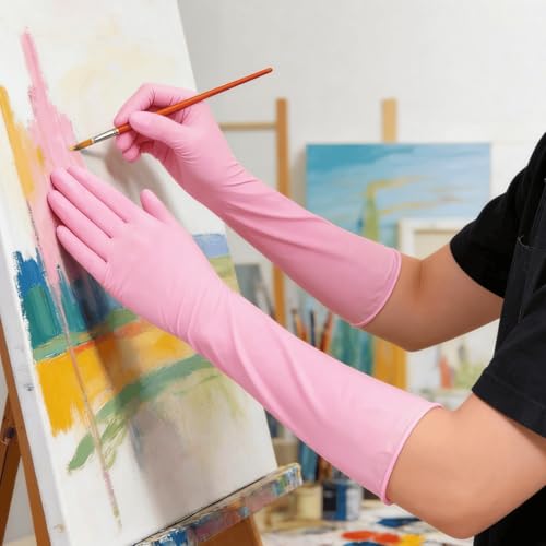 16 inch Nitrile Disposable Gloves Long Sleeved Blue 6Mil Durable Waterproof Latex Free Cleaning Dishwashing 50PCS - color: Pink, size: Medium