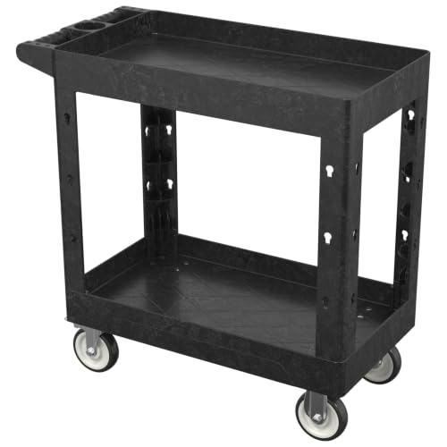 Large Garage Plastic Utility Cart, Heavy Duty 2 Shelf Tool Cart Service Cart Rolling Push Carts with Ergonomic Handle 5" Swivel Casters. - color: Black, size: 34 x 17 Inch