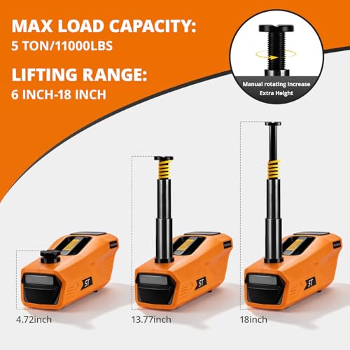 Electric Car Jack Kit 5 Ton 12V Floor Jack Portable Hydraulic Car Jack with Impact Wrench and Tire Inflator Pump for SUV Sedans Tire Change with LED Light, Lifting Height 4.7 to 18 Inch