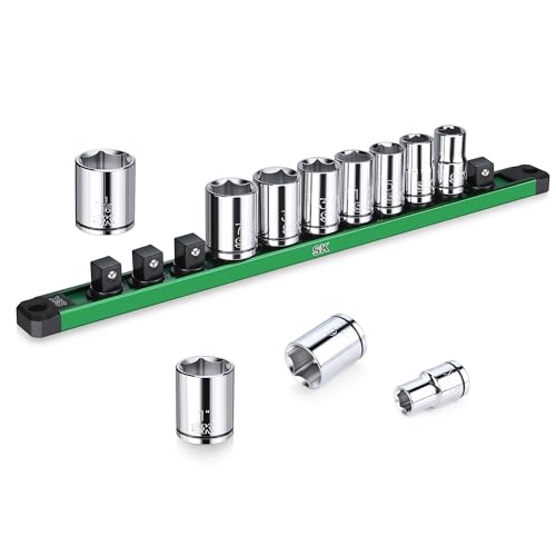 SK 1/2" Drive Socket Set, SAE Sockets, 11-Piece 7/16" to 1-1/16" | SuperKrome Finish, Premium CR-V Steel, with Aluminum Socket Organizer - size: Shallow, style: SAE