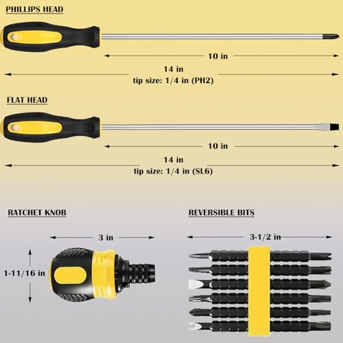 10pcs Long Magnetic Screwdrivers with Ratchet Set, 10" PH2 SL6 | Extra Long Shaft Phillips Slotted, with Magnetizer, Rubber Handle, Chrome Vanadium Steel