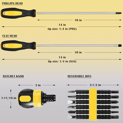 10pcs Long Magnetic Screwdrivers with Ratchet Set, 10" PH2 SL6 | Extra Long Shaft Phillips Slotted, with Magnetizer, Rubber Handle, Chrome Vanadium Steel