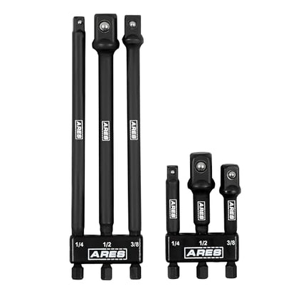 ARES 22025 – 6-Piece 3-Inch and 6-Inch Impact Grade Socket Adapter Set - Turns Impact Drill Driver into High Speed Socket Driver - 1/4-Inch, 3/8-Inch, and 1/2-Inch Drive with Storage Holder - size: 3-Inch and 6-Inch Socket Adapter with Holder
