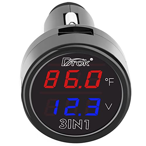 DROK Digital Voltage Temperature Monitor, Car Charger USB Charge for Car Battery Voltmeter Thermometer 12V 24V Temp Volt Tester Multimeter - style: Pro (USB Charge)