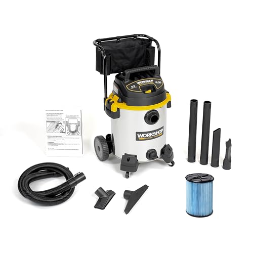 WORKSHOP Wet/Dry Vacs WS1600SS 16-Gallon 6.5 Peak HP Wet Dry Vacuum Cleaner | Stainless Steel Shop Vacuum with Filter, Dust Bag, Hose, Attachments and Cart for Heavy Duty Professional Cleaning