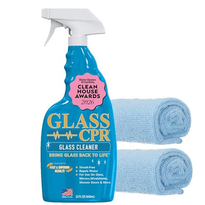Glass CPR 2-in-1 Glass Cleaner and Water Repellent, 22 oz Spray plus 2 Microfiber Applicator Towels, Streak-Free for Shower Doors, Windshields, Mirrors, Hard Water Stain Formula, Made in USA