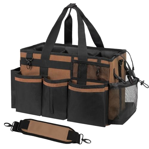SCAVATA Wearable Cleaning Caddy, Cleaning Caddy Supplies Organizer with Handle & Shoulder Straps for Housekeepers, Under Sink & Car Cleaning Tool Organizers Bag with 4 Foldable Divider (Brown) - color: Brown