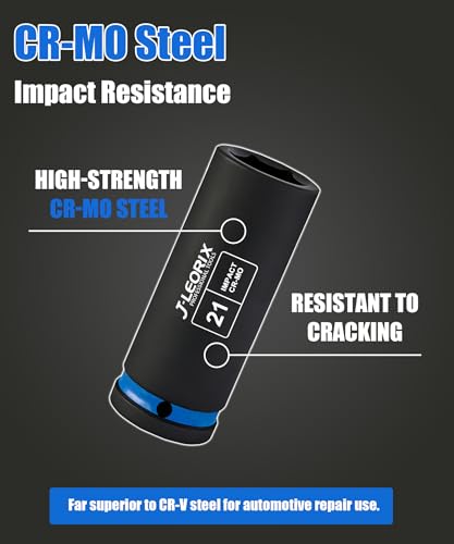 21mm Deep Impact Socket 1/2" Drive CR-MO Steel 6-Point | CR-MO steel impact socket set. 1/2" drive, 6-point design. Deep reach for lug nuts & axle nuts. - size: 21mm