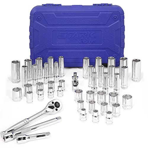 Stark USA 47-Pieces 1/4" & 3/8" Drive Impact Socket Wrench SAE (5/16" to 3/4") & Metric (8 to 19mm) Reversible Ratchet Deep & Shallow, 6 Point, Ratchet, Universal Joint, Adapters - style: 47pcs SAE/Metric Impact Socket Set