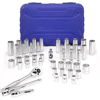 Stark USA 47-Pieces 1/4" & 3/8" Drive Impact Socket Wrench SAE (5/16" to 3/4") & Metric (8 to 19mm) Reversible Ratchet Deep & Shallow, 6 Point, Ratchet, Universal Joint, Adapters - style: 47pcs SAE/Metric Impact Socket Set