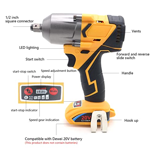 500 ft-lbs maximum torque, 20V 1/2 inch cordless impact wrench-brushless, 4-speed adjustment, automatic start and stop.(Host only/Without battery). - size: 1/2 600Nm