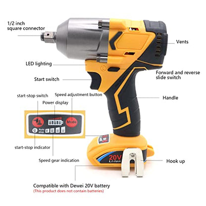 500 ft-lbs maximum torque, 20V 1/2 inch cordless impact wrench-brushless, 4-speed adjustment, automatic start and stop.(Host only/Without battery). - size: 1/2 600Nm