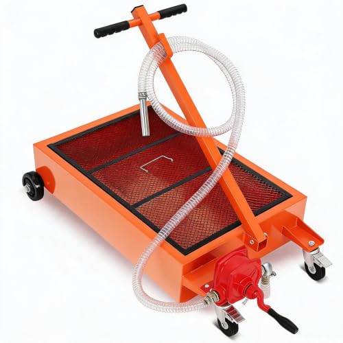 15 Gal Oil Drain Pan with Pump,Low Profile Rolling Oil Drain Cart with 8 ft Hose | with Manual Pump, Wheels & Folding Handle, Oil Drain Tank for Cars, SUVs, Trucks, Buses, RVs - color: Orange, size: 15 Gal with Manual Pump