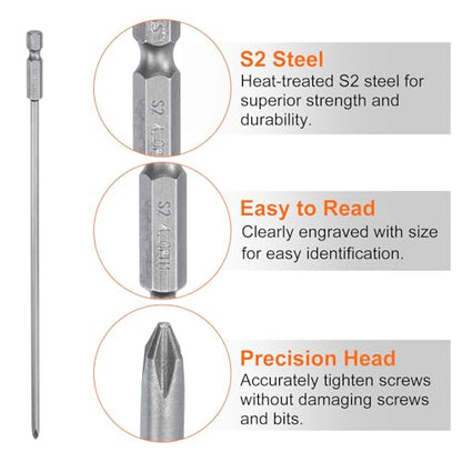 HARFINGTON 2pcs #1 Phillips Screwdriver Bit PH1 1/4" Hex Shank 8" (200mm) Long Magnetic S2 Steel Industrial Grade Screw Driver Bit Cross Head Electric Drill Bits 0.157" (4mm) Rod - size: PH1 x 200mm x 4mm