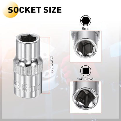 HARFINGTON Deep 6-Point Impact Socket 1/4" Drive 6mm Metric Socket 25mm (1") Long with 1/4" Hex Shank Adapter, CR-V Steel Socket Adapter Accessory Tool Set Kit for Hex Bolts Nuts - size: 6mm x 25mm