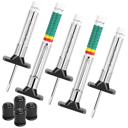 5PCS Professional Tire Tread Depth Gauges(1/32" & 25mm), PUIBERS Tire Gauge Tools Ideal for Cars, Trucks & Motorcycles. Six-Sided Dual Scales Design for Tire Wear Checker - size: 5PCS