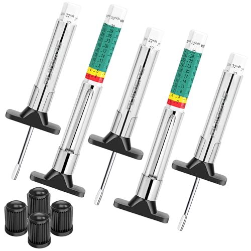 5PCS Professional Tire Tread Depth Gauges(1/32" & 25mm), PUIBERS Tire Gauge Tools Ideal for Cars, Trucks & Motorcycles. Six-Sided Dual Scales Design for Tire Wear Checker - size: 5PCS