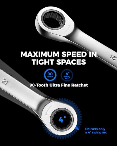 toolant 13PCS Extra Long Ratcheting Wrench Set SAE 5/16"-1" 90-Tooth | 90-tooth ratchet with 4° swing arc, CR-V steel construction and extra-long design provide smooth access and higher torque - size: 13pcs 5/16-1"
