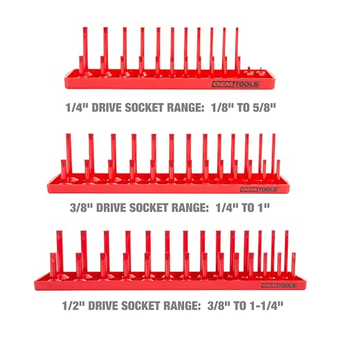 OEMTOOLS 22413 6 Piece SAE and Metric Socket Tray Set, SAE and Metric Socket Storage for Sizes 1/4", 3/8”, and 1/2" Drive, Socket Holders and Socket Organizer Tray for Toolbox, Red/Grey | Optimize Toolbox Organization, Designed for Shallow and Deep Socket