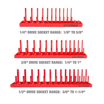OEMTOOLS 22413 6 Piece SAE and Metric Socket Tray Set, SAE and Metric Socket Storage for Sizes 1/4", 3/8”, and 1/2" Drive, Socket Holders and Socket Organizer Tray for Toolbox, Red/Grey | Optimize Toolbox Organization, Designed for Shallow and Deep Socket