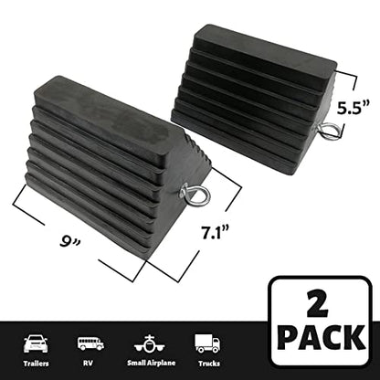 ROBLOCK 2 Pack Wheel Chocks Rubber Heavy Duty Black with Eyebolt, 9" Length x 7.1" Width x 5.5" Height, for Cars, RVs, Trucks, Trailers, and Vehicles, Anti-Slip Design Tire Chock for All Weather Use - color: 2 Pc Large with Eyebolt