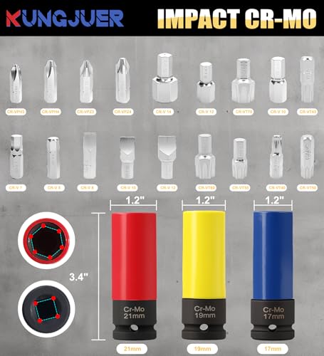 35-Piece Socket Bit Set, 1/2" Drive Nut Socket Set, Metric17、19、21 | 6 spline lug nut socket - size: 35PCS-Socket Bit Set
