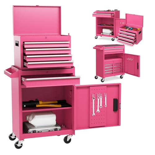 Goplus Pink Tool Chest, 5 Drawers Rolling Tool Cabinet w/Detachable Top Toolbox, Universal Lockable Wheels,Lock Bar,Protective Liner,Tool Rack, Metal Tool Storage Cart, Tool Box for Garage Workshop - color: Pink, style: 5-Drawers