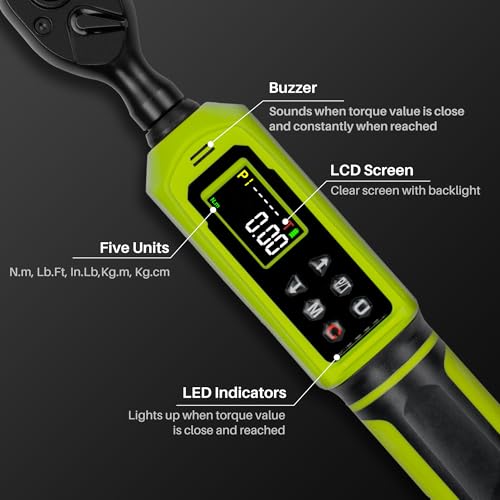Digital Torque Wrench 3/8"Drive-0.66-44.25Ft.Lb for Bike Motorcycle | Electronic Torque Wrench(0.9-60N.m), Vibration Buzzer LED Indicator, ±2% Accuracy 5 Units for Precision Parts Engine Repair - size: 3/8"0.66-44.25 Ft-Lb