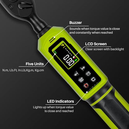 Digital Torque Wrench 3/8"Drive-0.66-44.25Ft.Lb for Bike Motorcycle | Electronic Torque Wrench(0.9-60N.m), Vibration Buzzer LED Indicator, ±2% Accuracy 5 Units for Precision Parts Engine Repair - size: 3/8"0.66-44.25 Ft-Lb