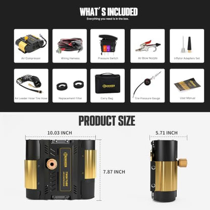 BUNKER INDUST 12V Twin Motor Air Compressor Offroad On-Board Air Pump Tire Inflator with Pressure Gauge Max 150 PSI for 4x4 Vehicle Tires