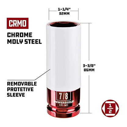 Powerbuilt 1/2 Inch Drive 7/8 Inch Impact Lug Nut Socket, Non-marring and Thin Wall Lug Nut Socket, Protects Lug Nuts from Damage - 941044 - size: 7/8"
