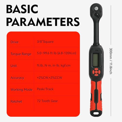 3/8" Digital Torque Wrench 2-45 Ft.lb (±2%), 9PCS Small Digital Torque Wrench,Electronic Torque Tool with Sockets & Adapters for Automotive, Bike, - size: 9pcs