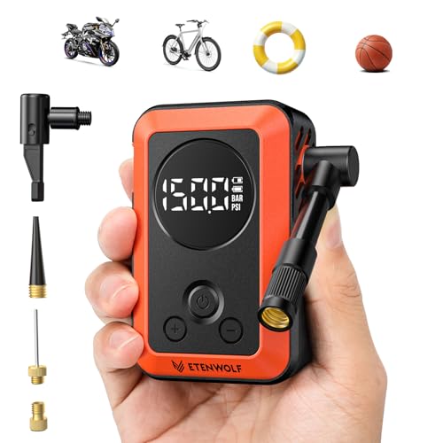 ETENWOLF S0 Mini Bike Pump, 20s Fast Inflate Bicycle Pump with Gauge | 150PSI Portable Electric Bike Air Pump with Presta and Schrader Valve for Mountain Bike, Road Bike, Motorcycle, Sport Balls - color: Vivid Orange