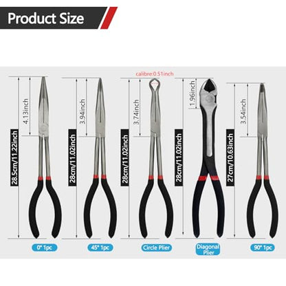 5-Piece 11" Extra Long Needle Nose Pliers Set with Insulated Comfort Grip, Straight Long Reach Plier, 45/90°Bent Nose Pliers,O-shaped nose plier,Diagonal Plier for Bending Shaping Trimming - size: 5Pcs-Straight/45/90