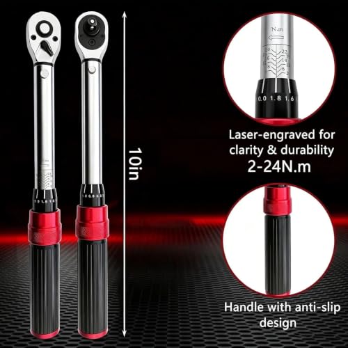 1/4" Drive Click Torque Wrench Set, 2-24 N.m, 32Pcs Bicycle Torque Wrench Kit with Extension Bar, Adapters & Bits, for Bike, Motorcycle or General Household Repair with Portable Case