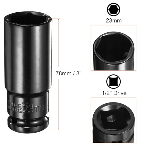 HARFINGTON Deep 6-Point Impact Socket 1/2" Drive 23mm Metric Socket 3" Length with 1/4" Hex Shank Adapter, CR-V Steel Socket Adapter Accessory Tool Set Kit for Hex Bolts Nuts - size: 23mm