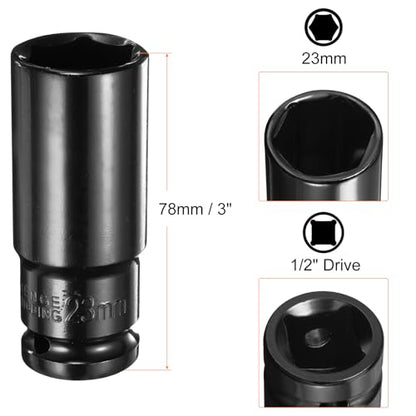 HARFINGTON Deep 6-Point Impact Socket 1/2" Drive 23mm Metric Socket 3" Length with 1/4" Hex Shank Adapter, CR-V Steel Socket Adapter Accessory Tool Set Kit for Hex Bolts Nuts - size: 23mm