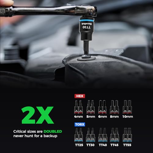 TecoTek 105PCS Master Allen and Torx Bit Socket Set, Hex/Tamper Proof Torx/E-torx Bit Set,1/4", 3/8" and 1/2" Drive, CR-V & S2 Steel, Includes E4 - E24, TT6-TT70, Socket/Drill Adapter - size: Hex/Tamper Proof Torx/E-torx Bit Socket