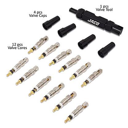 JACO Presta Valve Core Repair Kit for Bike Tires | with (12X) Replacement Valve Cores, (4X) Valve Caps, and Valve Removal Tool