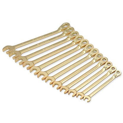 STARWORK 12 Pc. 6-Point Metric 15° Offset Vintage G-Plating Reversible Non-Slip Long Pattern Ratcheting Combination Wrench Set (8-19 mm)