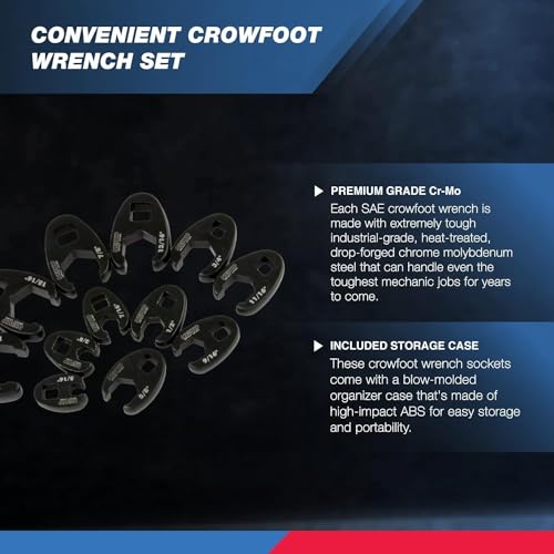 Neiko 03323A Crowfoot Wrench Set 1/2" and 3/8” Drive, 12 Piece, SAE Crows Foot Wrench Sizes 5/16” to 1”, Chrome-Moly Flare Nut Wrench Set - size: 3/8" & 1/2" Drive, style: SAE