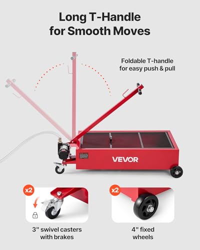 VEVOR Low Profile Oil Drain Pan, 17 Gal Capacity, Rolling Oil Drain Pan with 110V High-Flow Electric Pump, 7.2 ft Hose & T Folding Handle, Leak-Proof & Corrosion-Resistant, Fit for Trucks, ATVs, Red - size: 39.76 x 23.62 x 26.77 in