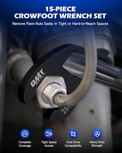 Orion Motor Tech Crowfoot Wrench Set, 15-Piece Crows Foot Wrench Set with 8 to 24 mm Metric Flare Nut Wrenches, 1/2 & 3/8 in. Drive Flare Nut Wrench Set with Laser Etched Marking Carry Case, Blue - color: Blue