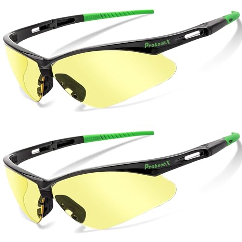 ProtectX Safety Glasses for Men & Women, Safety Sunglasses with Anti-Fog Scratch Resistant Lenses, Non-Slip Grips, ANSI Z87.1 - color: Evergreen Amber 2 Pk