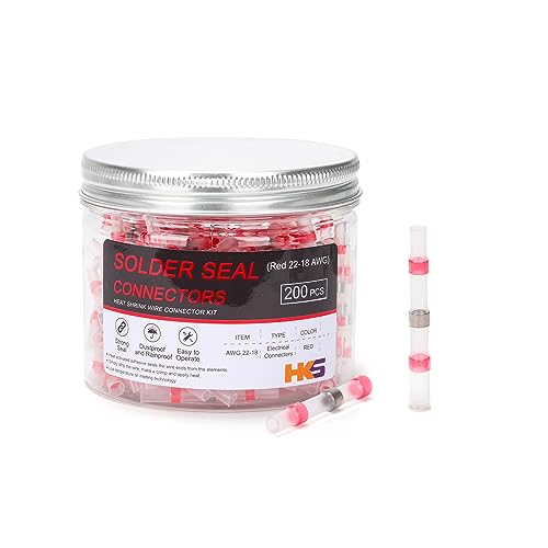 HKS 200PCS Solder Seal Wire Connectors – 22-18 AWG Red Heat Shrink Butt Terminals – Waterproof Electrical Wire Splice for Automotive, Marine, and DIY Wiring - color: RED 22-18 AWG, size: 200PCS